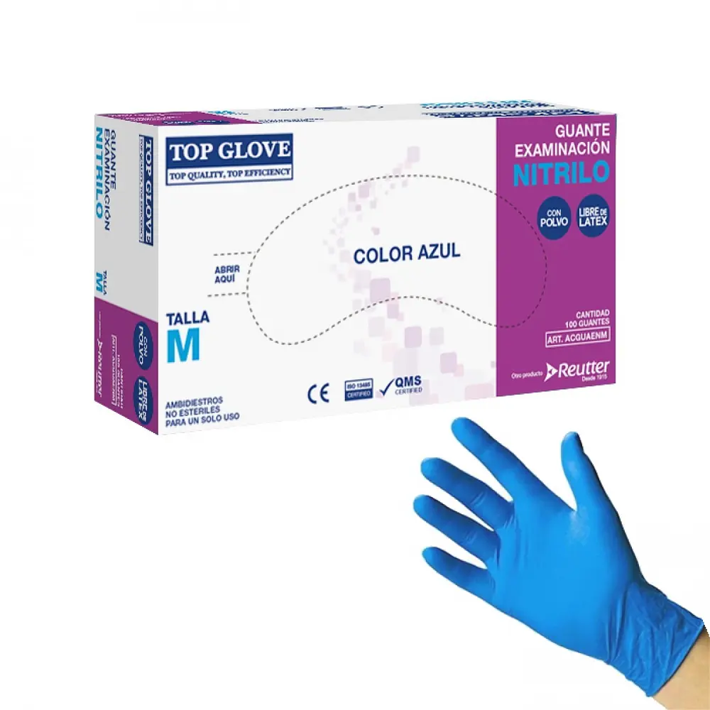 Guante Examen Nitrilo Azul con Polvo Top Glove (1 Caja 100 Unid.)